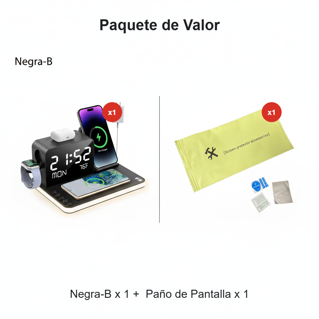 Estación de carga inalámbrica rápida 4 en 1 con reloj