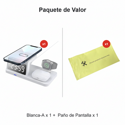 Estación de carga inalámbrica rápida 4 en 1 con reloj