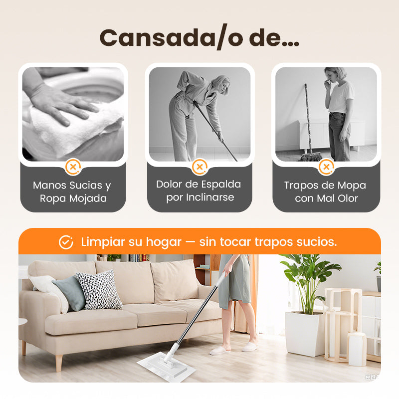 💥Fregona antipolvo desechable con 4 paños reutilizables.
