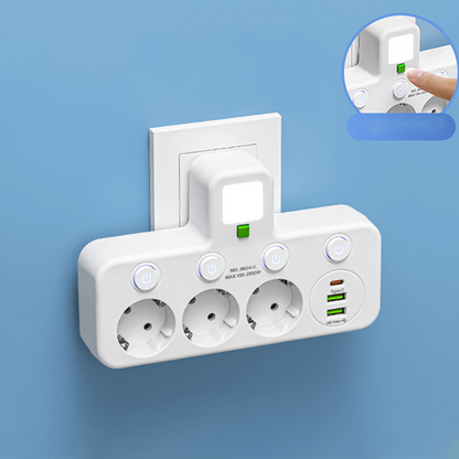 🔌Adaptador de corriente europeo con 4 tomas de corriente: interruptores independientes, diseño compacto y máxima seguridad.