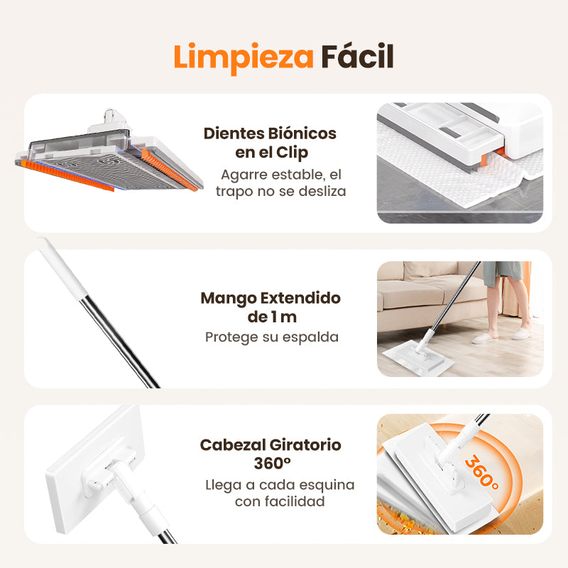 💥Fregona antipolvo desechable con 4 paños reutilizables.