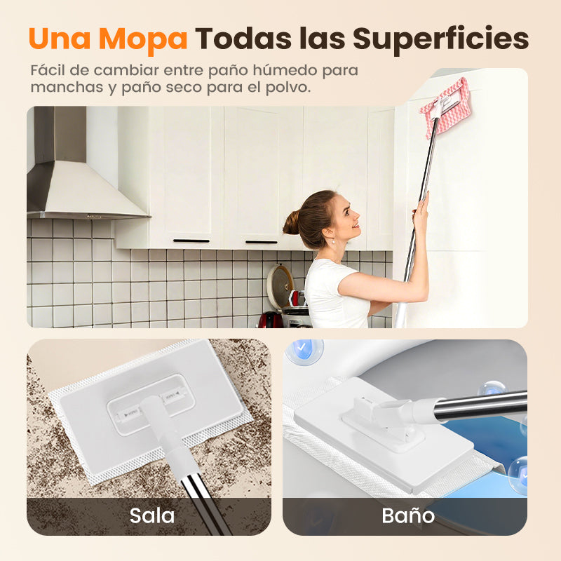 💥Fregona antipolvo desechable con 4 paños reutilizables.