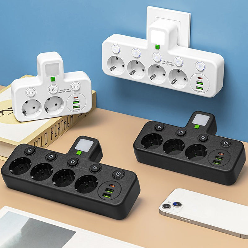 🔌Adaptador de corriente europeo con 4 tomas de corriente: interruptores independientes, diseño compacto y máxima seguridad.