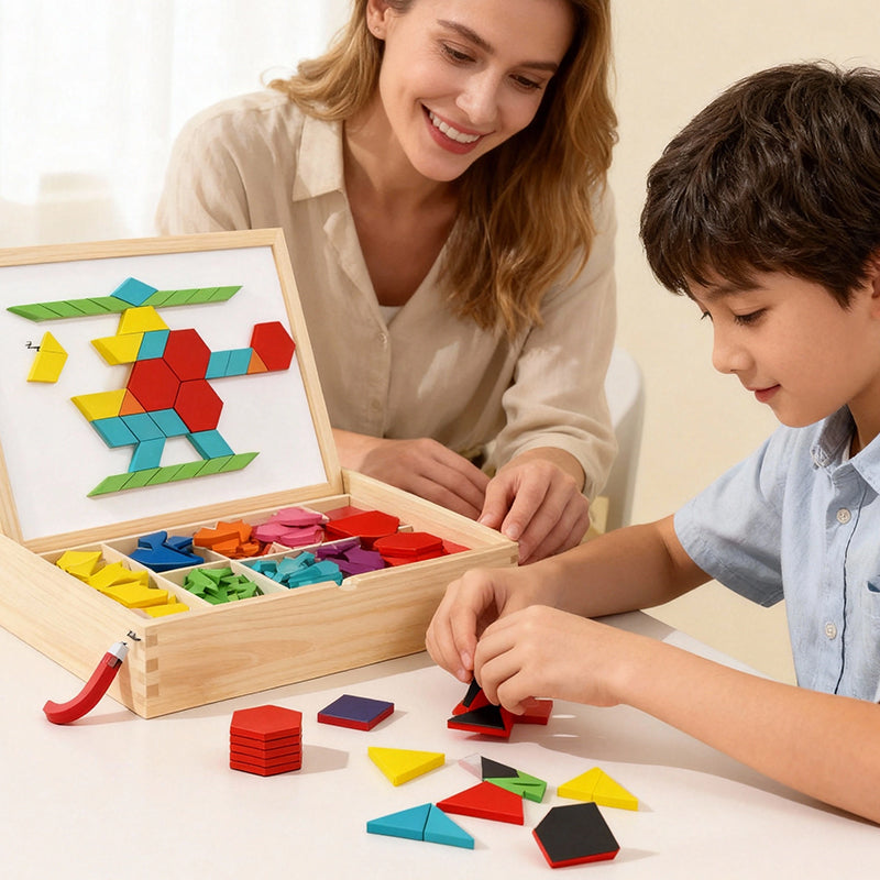 🎁Juego de rompecabezas de bloques magnéticos de madera con patrones 🧩