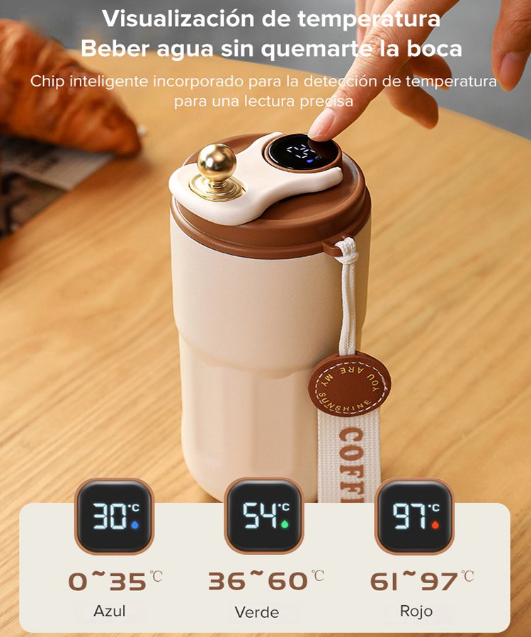 Taza de café inteligente con aislamiento térmico y visualización de temperatura