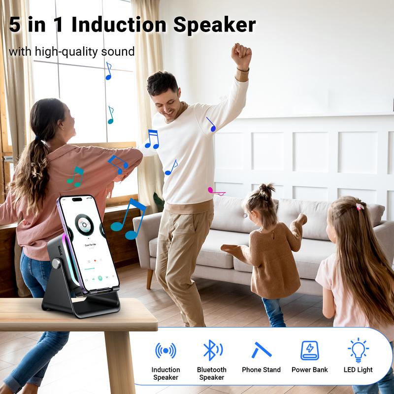 Altavoz Bluetooth Inalámbrico 5 en 1 con Carga Inductiva y Soporte Ajustable para Teléfono✈️COMPRA 2 Y ENVÍO GRATIS