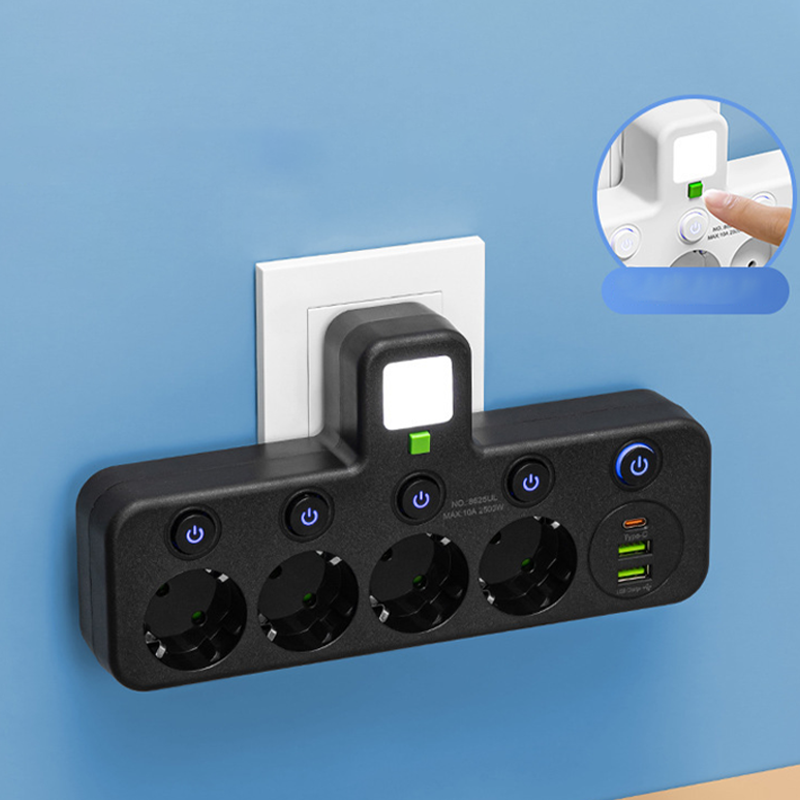 🔌Adaptador de corriente europeo con 4 tomas de corriente: interruptores independientes, diseño compacto y máxima seguridad.