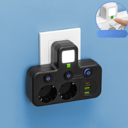 🔌Adaptador de corriente europeo con 4 tomas de corriente: interruptores independientes, diseño compacto y máxima seguridad.