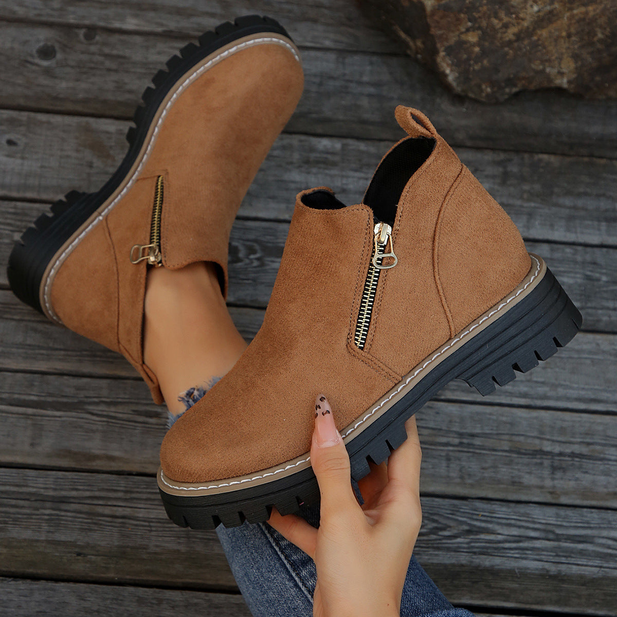 ✨ MÁS VENDIDO🔥Botines de punta redonda con cremallera lateral para mujer