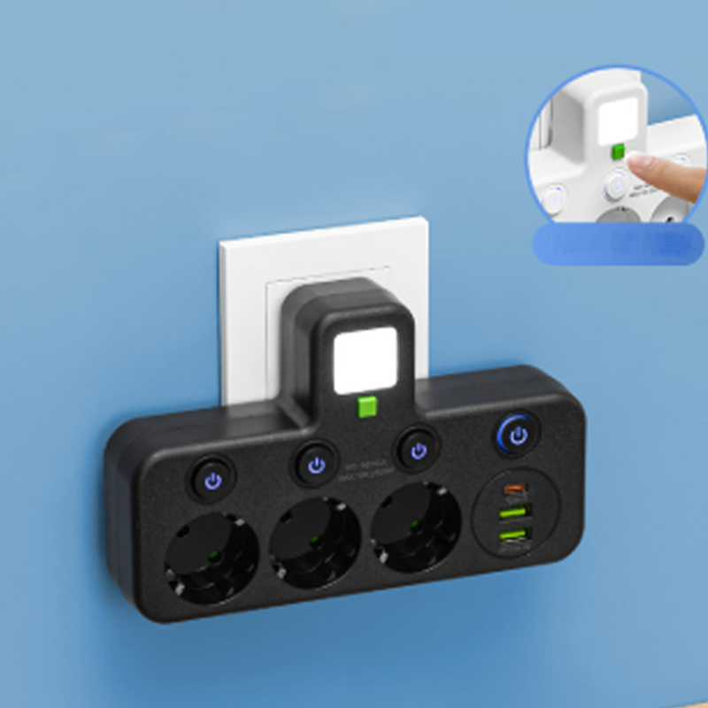 🔌Adaptador de corriente europeo con 4 tomas de corriente: interruptores independientes, diseño compacto y máxima seguridad.