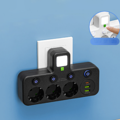 🔌Adaptador de corriente europeo con 4 tomas de corriente: interruptores independientes, diseño compacto y máxima seguridad.