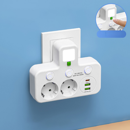 🔌Adaptador de corriente europeo con 4 tomas de corriente: interruptores independientes, diseño compacto y máxima seguridad.