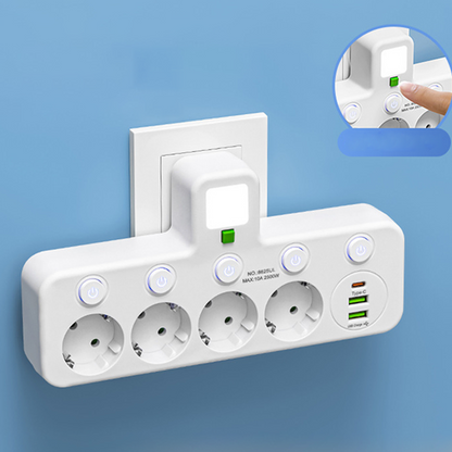 🔌Adaptador de corriente europeo con 4 tomas de corriente: interruptores independientes, diseño compacto y máxima seguridad.