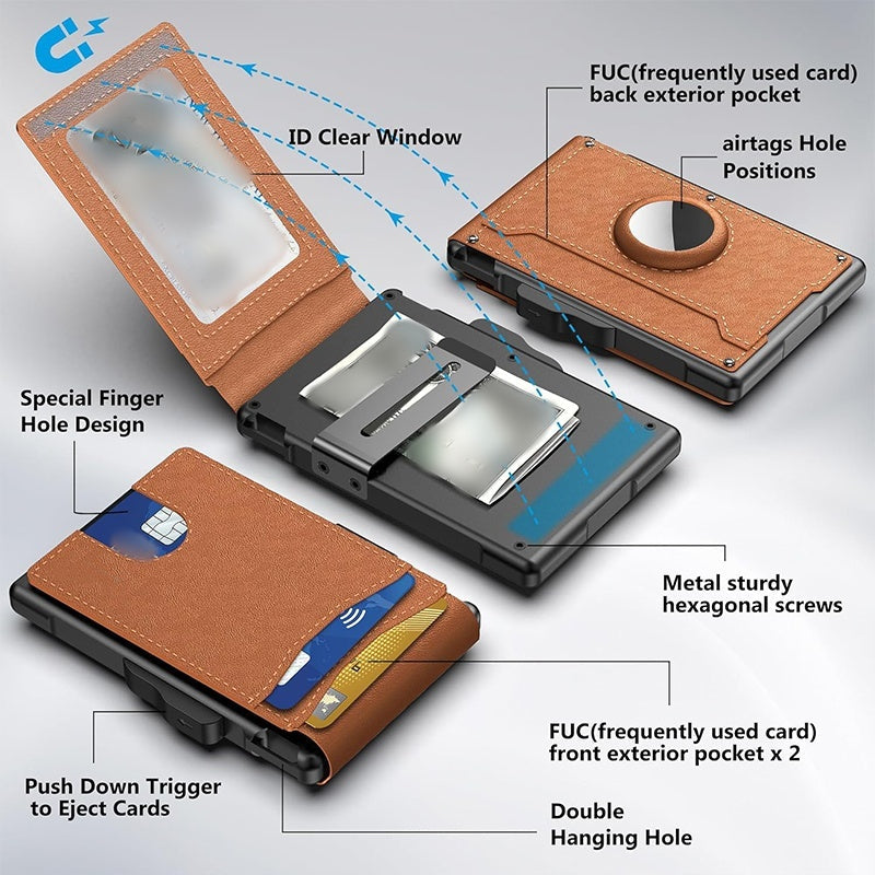 🔥Billetera para Hombre - con Funda Pop Up de Aluminio Pinza para el Dinero Ranuras de Cuero Delgado Titular de la Tarjeta de Crédito RFID Bloqueo Bifold Minimalista Billetera