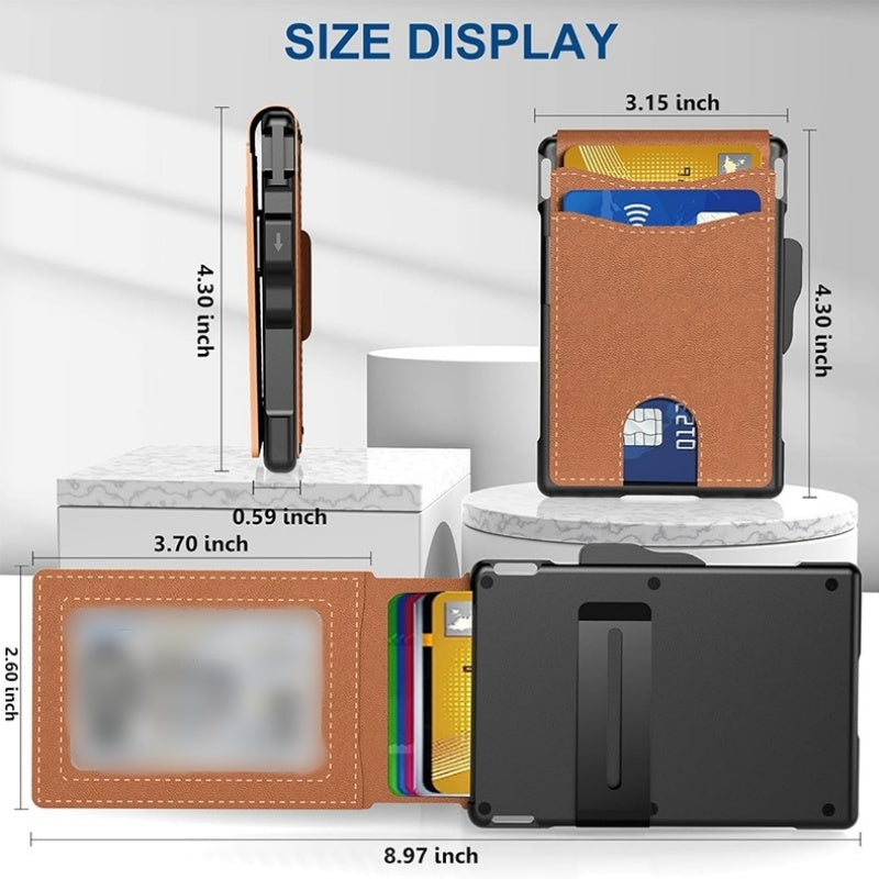 🔥Billetera para Hombre - con Funda Pop Up de Aluminio Pinza para el Dinero Ranuras de Cuero Delgado Titular de la Tarjeta de Crédito RFID Bloqueo Bifold Minimalista Billetera