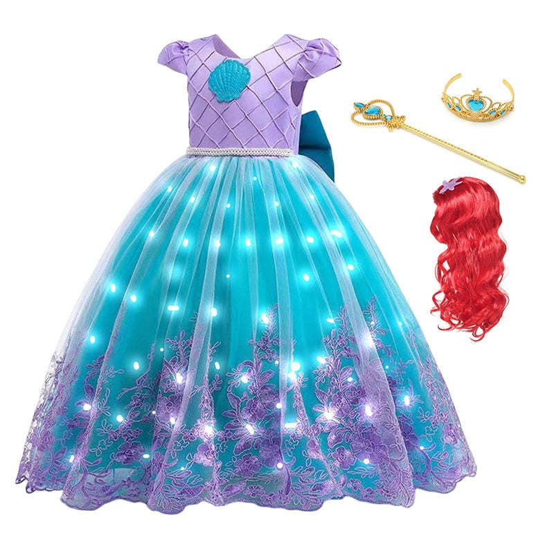 Conjunto de vestido de fiesta luminoso infantil con temática de sirena