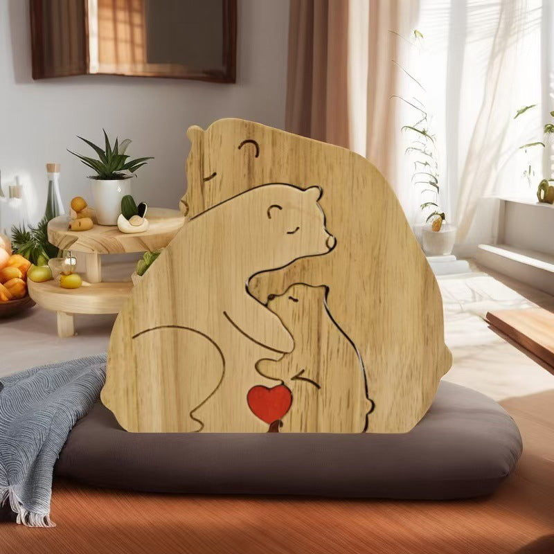 Adorno rompecabezas de madera con forma de familia de osos