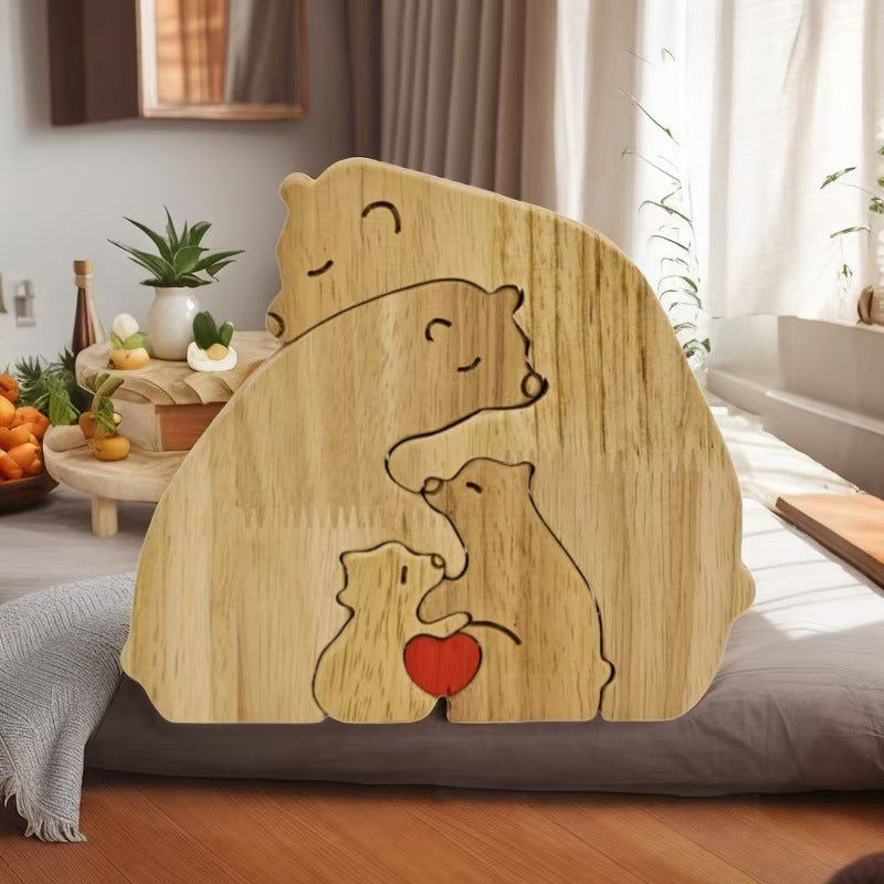 Adorno rompecabezas de madera con forma de familia de osos