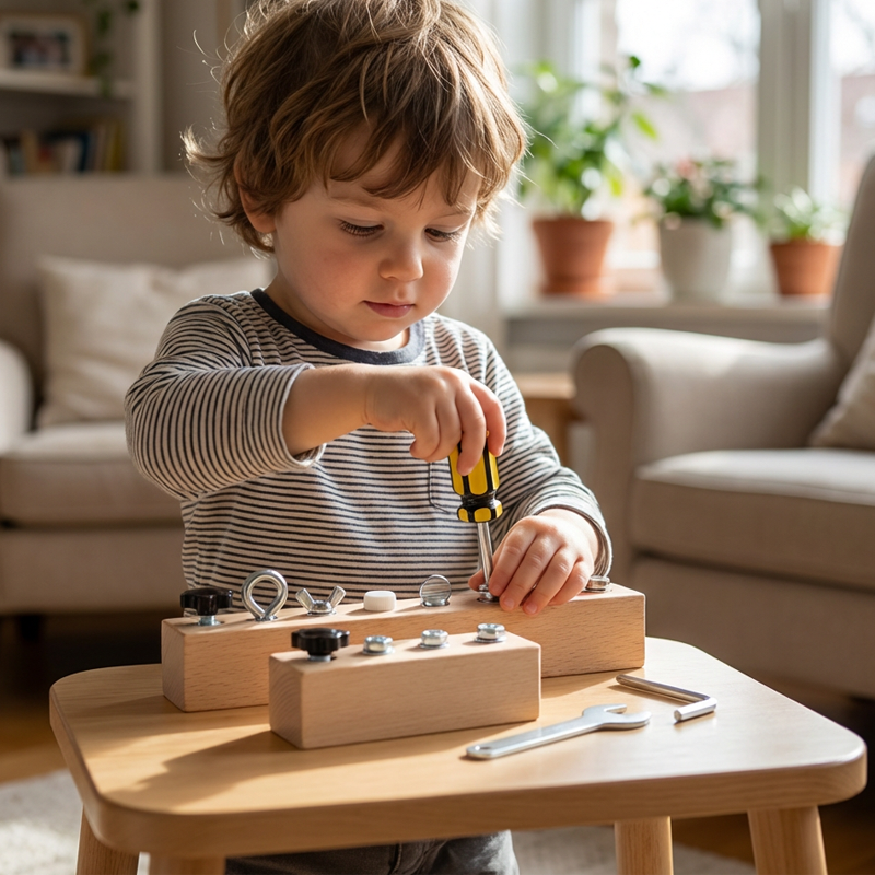 Tablero de tornillos Montessori de madera con destornillado